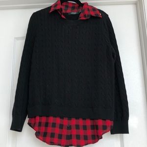 Knitted sweater with chiffon plaid “under” shirt